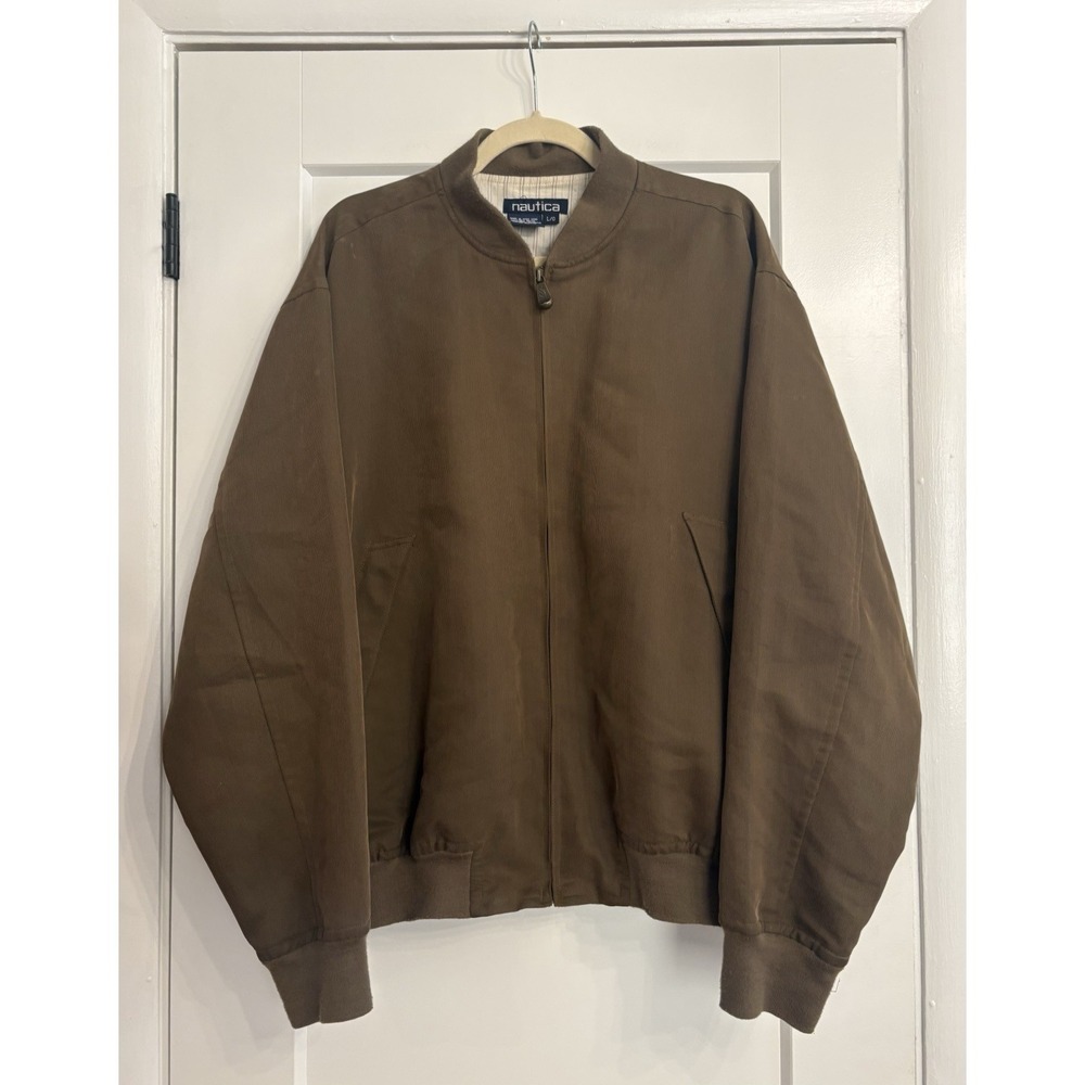 Vintage Nautica Men's Large Military Green Rayon Full Zip Bomber Jacket
